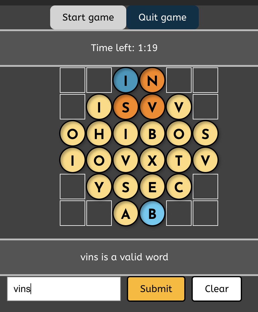A grid where the word VINS zigzags diagonally through the letters